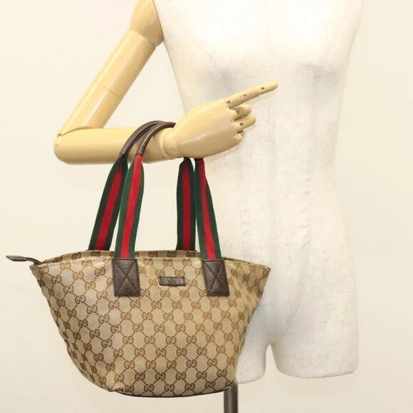 GUCCI GG Canvas Web Sherry Line Tote Bag Gold Beige - Picture 1 of 16